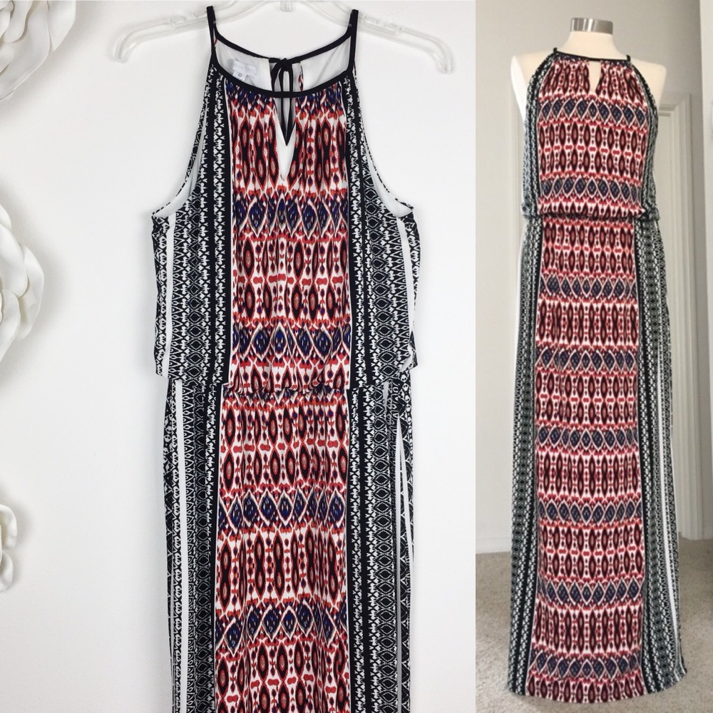 London Times Red Navy Black Geo-Print Halter Maxi Dress
